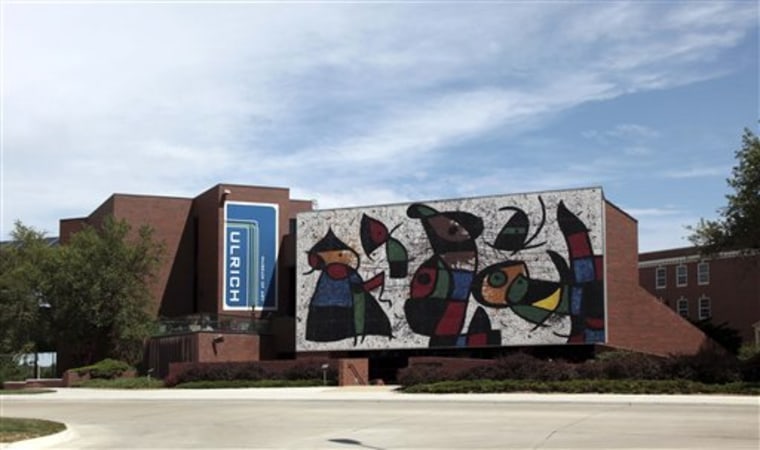 This photo provided by the Ulrich Museum of Art at Wichita State University shows a mural installed on the museum by Joan Miro in Wichita, Kan. Conservation crews will begin removing modern master Joan Miro’s massive 26-by-52 foot mosaic from an art museum at Wichita State University next week as a five-year, $3 million restoration effort begins to stop the work from raining down pieces of Venetian glass and marble. Miro was one of the leading artists in the School of Paris along with Pablo Picasso and Marc Chagall. 